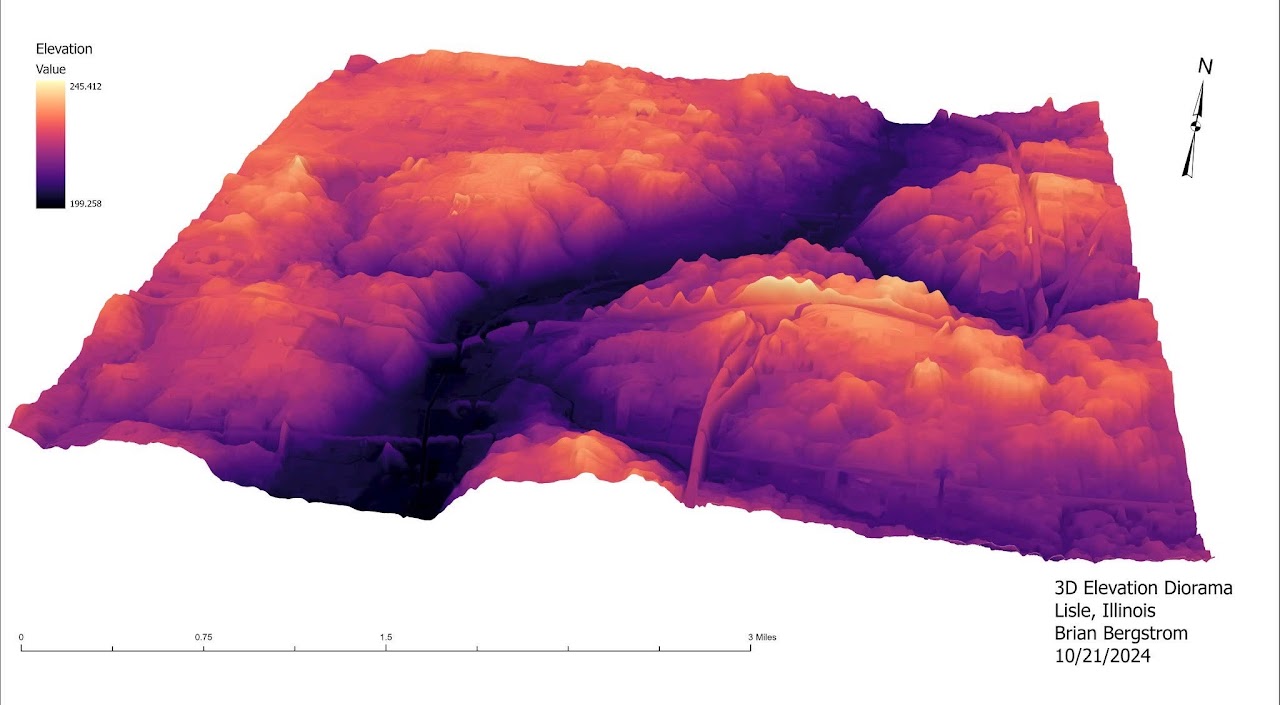 3D elevation diorama of the same area of Lisle, Illinois, made independently in October 2024 using more advanced 3D terrain rendering.